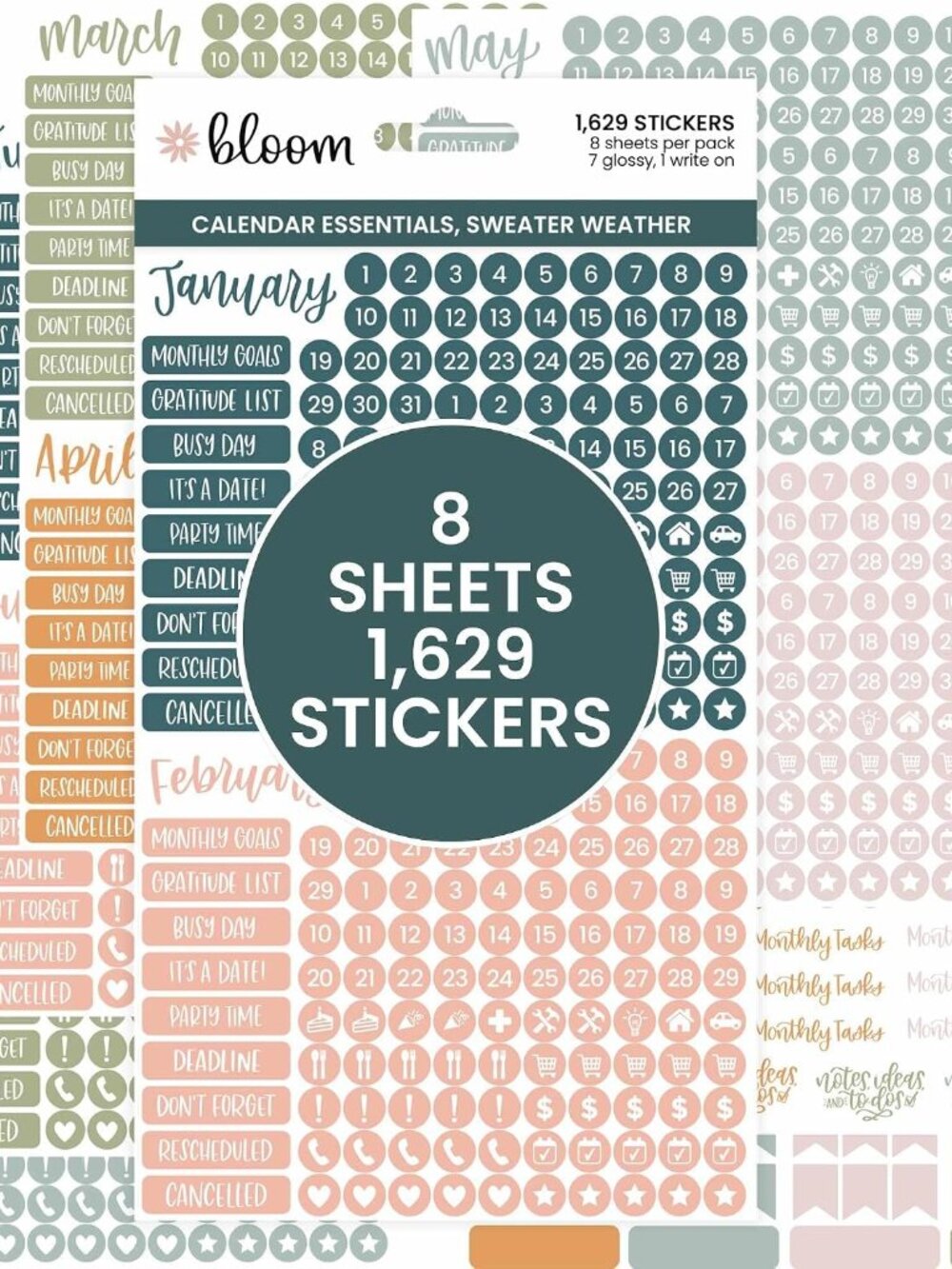 Neutral Aesthetic Calendar Essentials Planner Stickers - 8 Sheets, 1629 Stickers